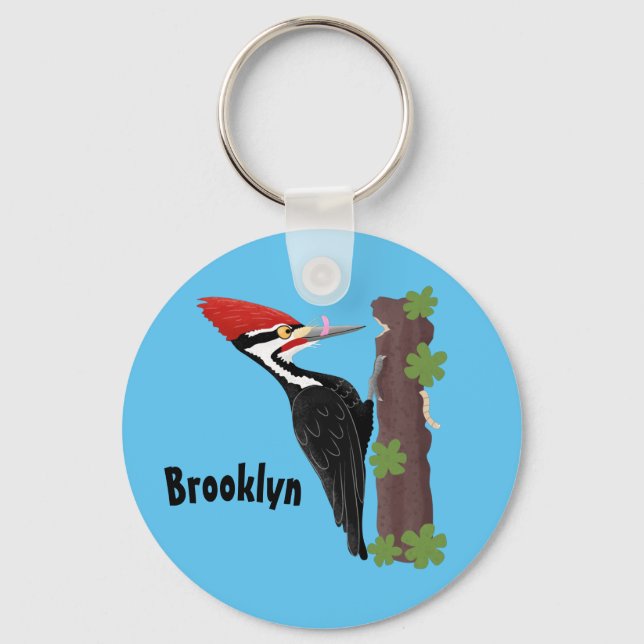 Cue funny Pileated woodpecker cartoon illustration Keychain (Front)