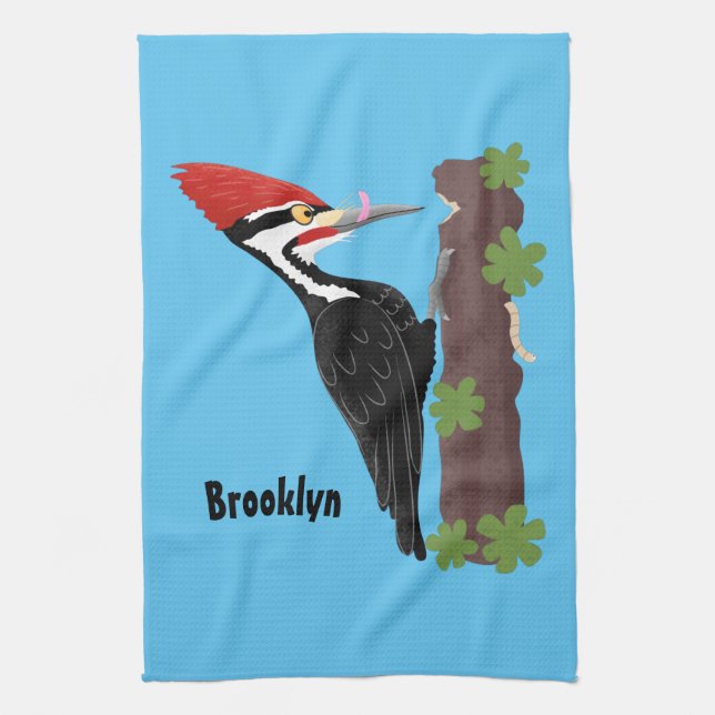 Cue funny Pileated woodpecker cartoon illustration Kitchen Towel (Vertical)