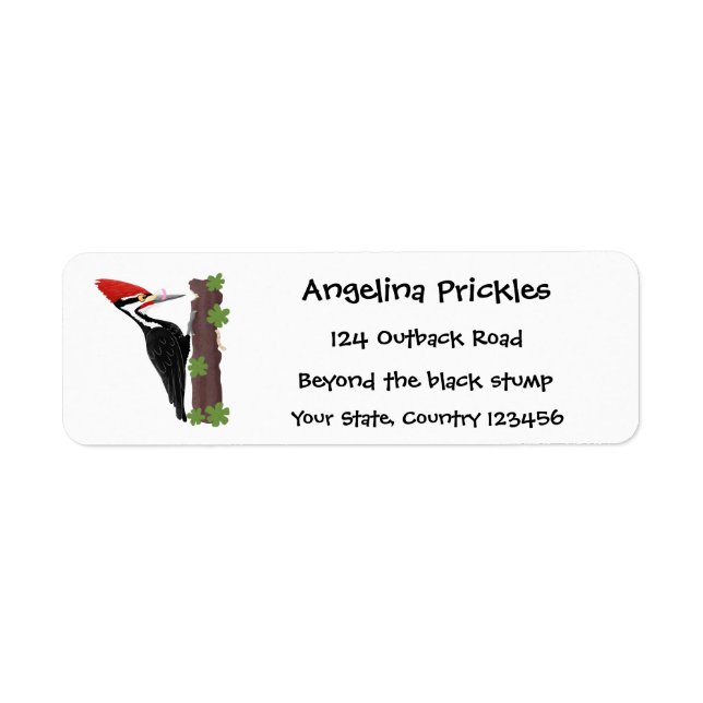 Cue funny Pileated woodpecker cartoon illustration Label (Front)