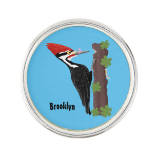 Cue funny Pileated woodpecker cartoon illustration Lapel Pin