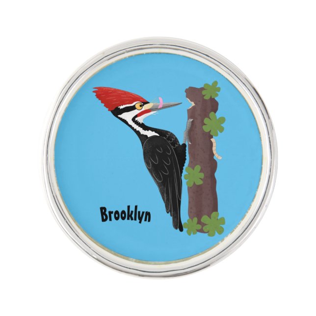 Cue funny Pileated woodpecker cartoon illustration Lapel Pin (Front)