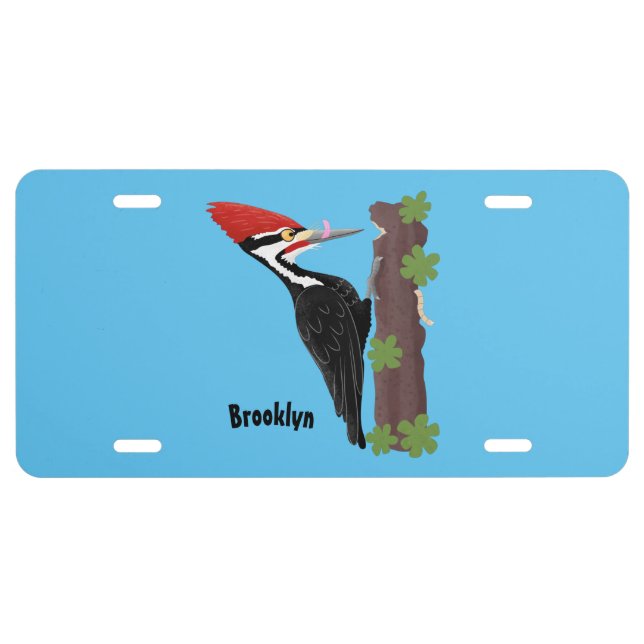 Cue funny Pileated woodpecker cartoon illustration License Plate (Front)