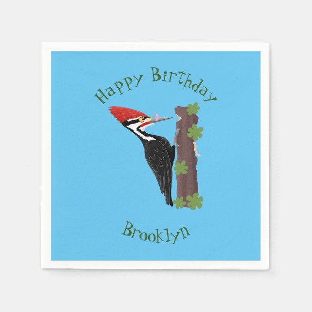 Cue funny Pileated woodpecker cartoon illustration Napkins (Front)
