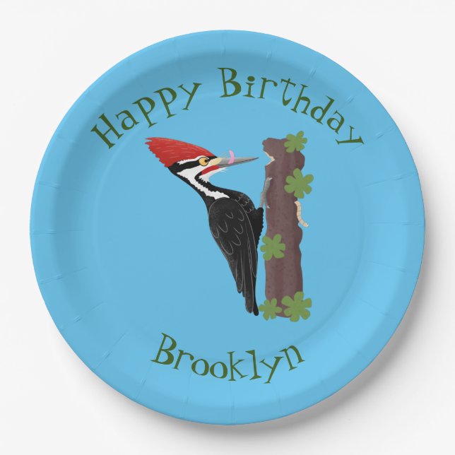 Cue funny Pileated woodpecker cartoon illustration Paper Plates (Front)