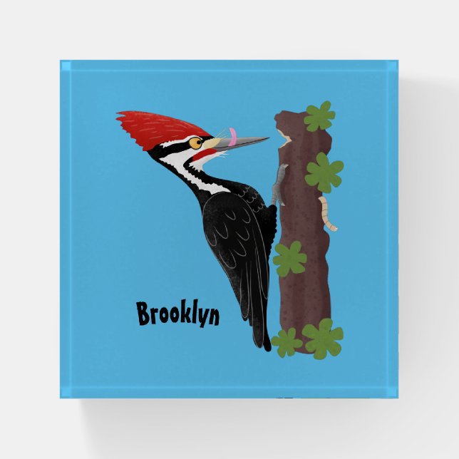Cue funny Pileated woodpecker cartoon illustration Paperweight (Front)
