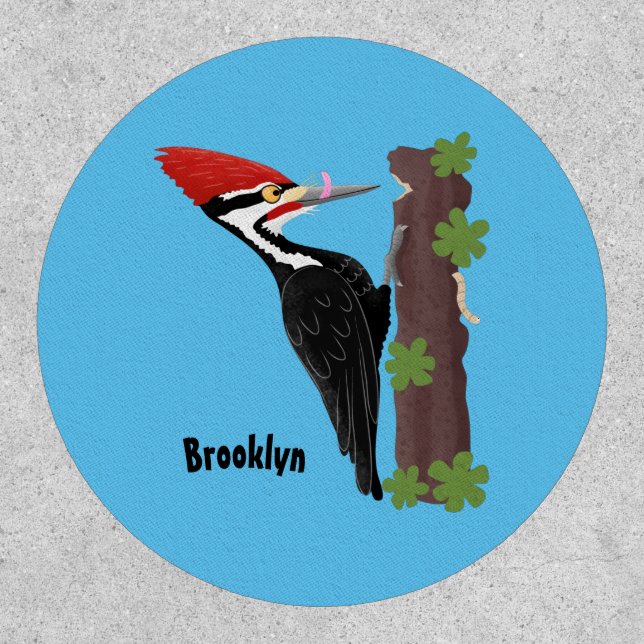 Cue funny Pileated woodpecker cartoon illustration Patch (Front)