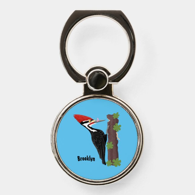 Cue funny Pileated woodpecker cartoon illustration Phone Ring Stand (Front)