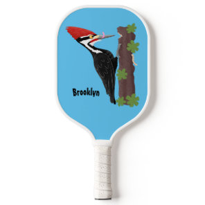 Cue funny Pileated woodpecker cartoon illustration Pickleball Paddle