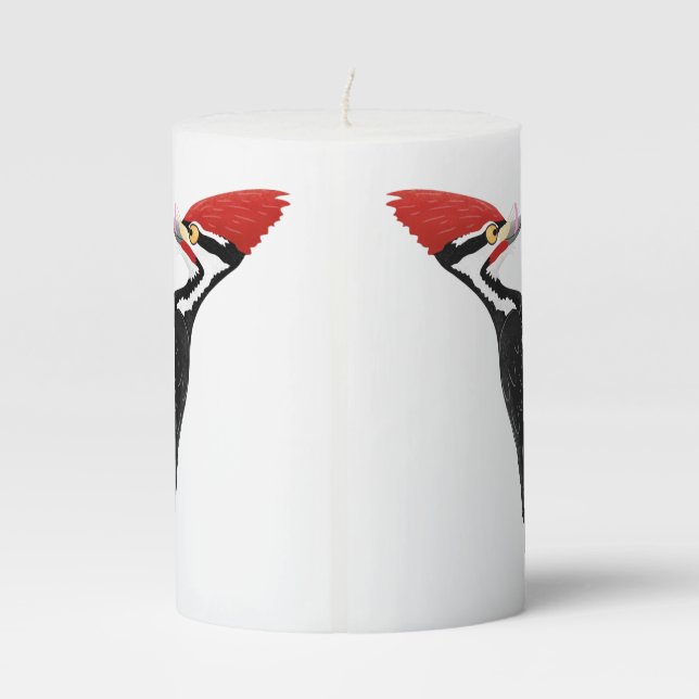 Cue funny Pileated woodpecker cartoon illustration Pillar Candle (Back)