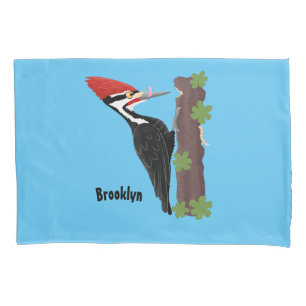 Cue funny Pileated woodpecker cartoon illustration Pillow Case