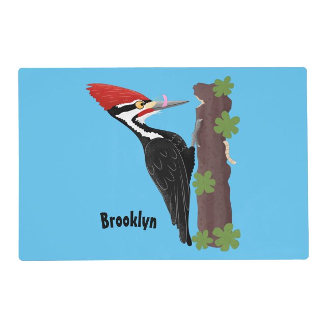 Cue funny Pileated woodpecker cartoon illustration Placemat (Front)