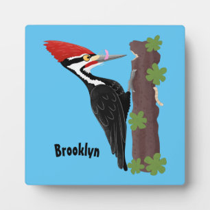 Cue funny Pileated woodpecker cartoon illustration Plaque