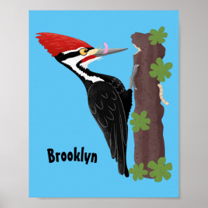 Cue funny Pileated woodpecker cartoon illustration Poster