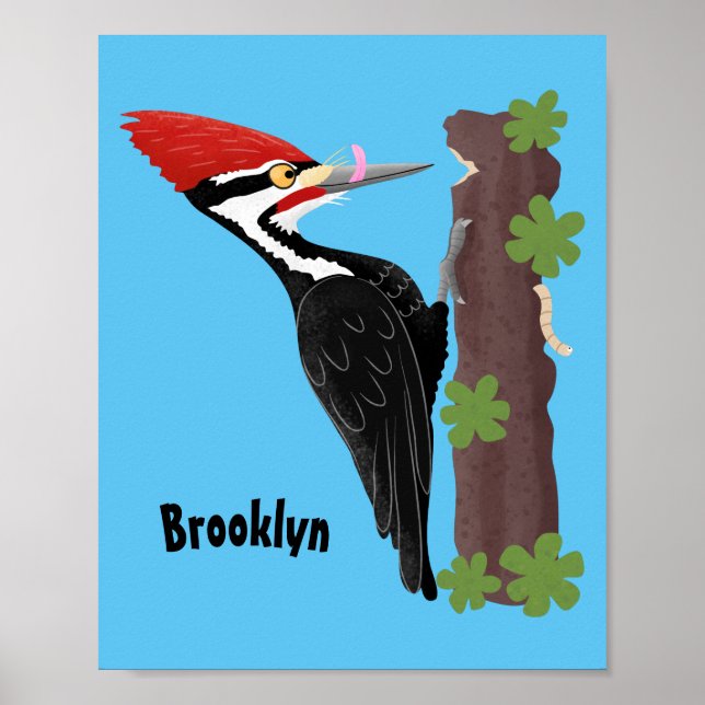 Cue funny Pileated woodpecker cartoon illustration Poster (Front)