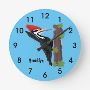 Cue funny Pileated woodpecker cartoon illustration Round Clock