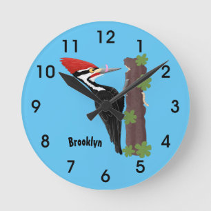Cue funny Pileated woodpecker cartoon illustration Round Clock