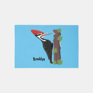 Cue funny Pileated woodpecker cartoon illustration Rug