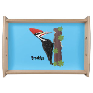 Cue funny Pileated woodpecker cartoon illustration Serving Tray