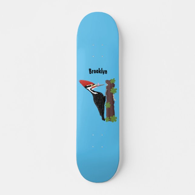 Cue funny Pileated woodpecker cartoon illustration Skateboard (Front)