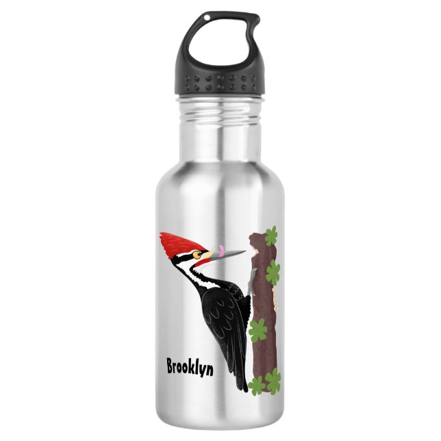 Cue funny Pileated woodpecker cartoon illustration Stainless Steel Water Bottle (Front)