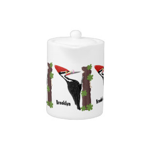 Cue funny Pileated woodpecker cartoon illustration Teapot