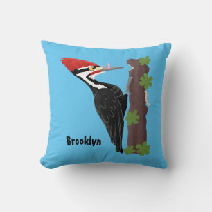 Cue funny Pileated woodpecker cartoon illustration Throw Pillow