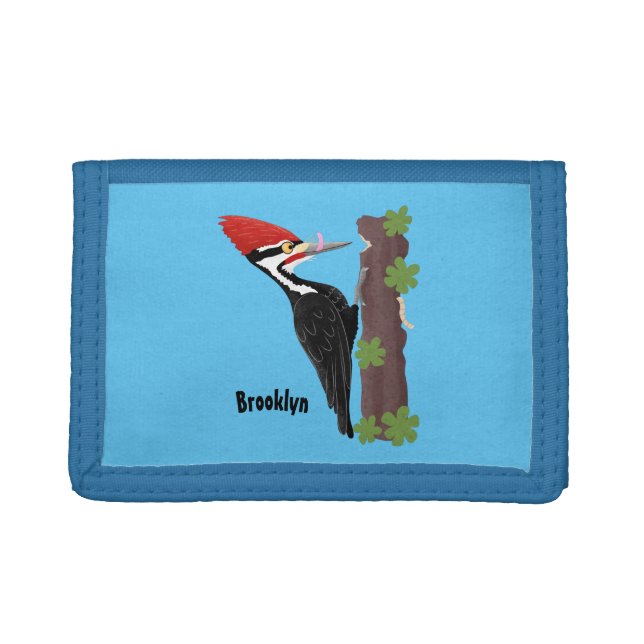 Cue funny Pileated woodpecker cartoon illustration Trifold Wallet (Front)