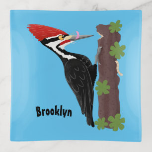 Cue funny Pileated woodpecker cartoon illustration Trinket Tray