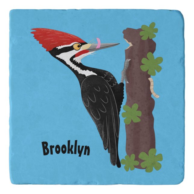 Cue funny Pileated woodpecker cartoon illustration Trivet (Front)