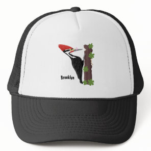 Cue funny Pileated woodpecker cartoon illustration Trucker Hat