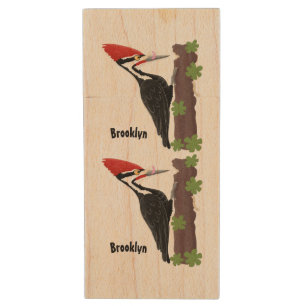 Cue funny Pileated woodpecker cartoon illustration Wood Flash Drive