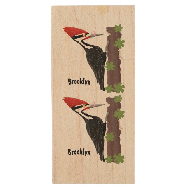Cue funny Pileated woodpecker cartoon illustration Wood Flash Drive (Front Vertical)