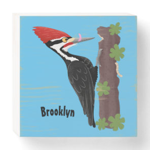 Cue funny Pileated woodpecker cartoon illustration Wooden Box Sign