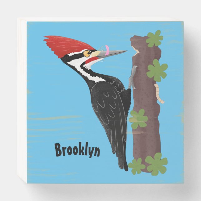 Cue funny Pileated woodpecker cartoon illustration Wooden Box Sign (Front Horizontal)