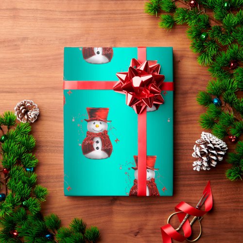 Cue Red Snowmen on Aqua Christmas Wrapping Paper