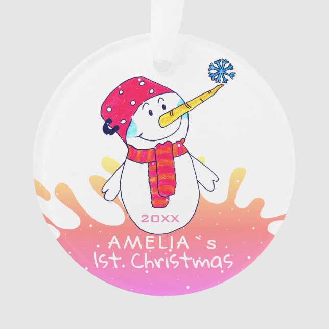 Cue Snowman Pink Baby`s First Christmas Ornament (Front)