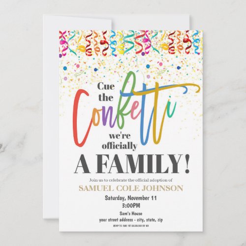Cue the Confetti Adoption Celebration Invitation