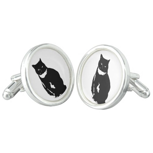 Cufflink _ stylized tuxedo black cat with attitude