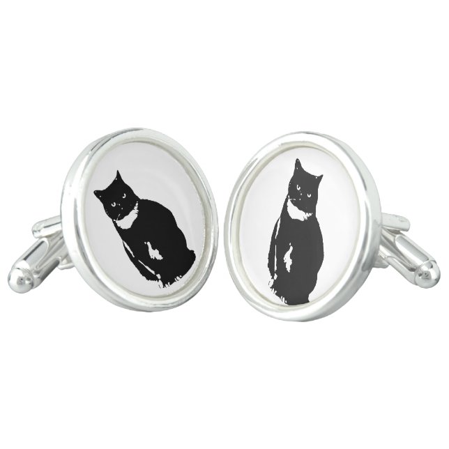 Cufflink - stylized tuxedo black cat with attitude (Angled)