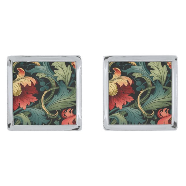 Cufflinks - Art Nouveau Floral Red  (Front)