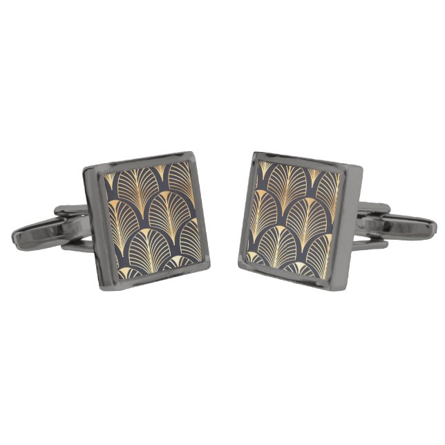 Cufflinks - Black & Gold Art Deco Print - (Angled)