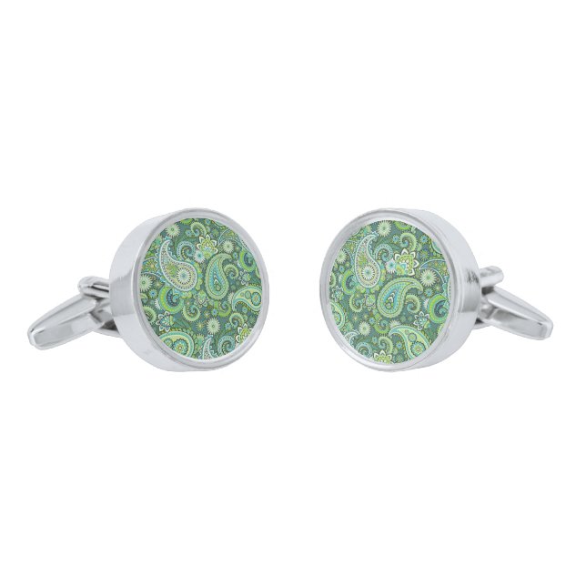 Cufflinks Green Paisley (Angled)
