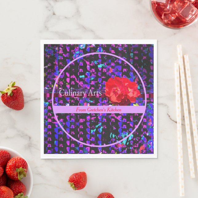 Culinary Arts Purples Abstract Pattern w/Red Rose Napkins (Insitu)