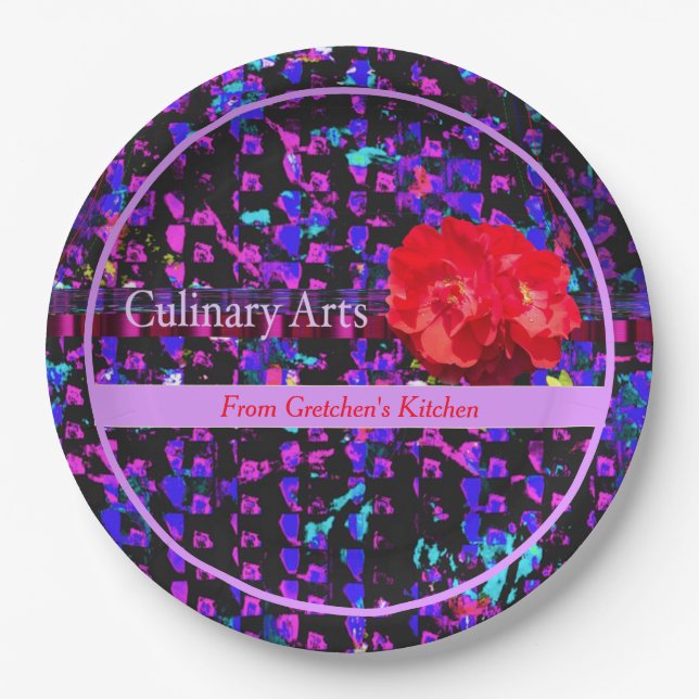Culinary Arts Purples Abstract Pattern w/Red Rose  Paper Plates (Front)