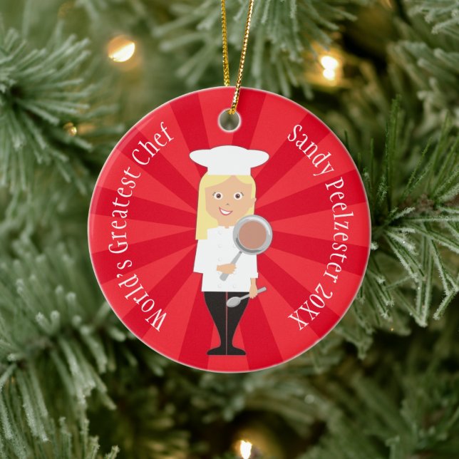 Culinary blond woman chef personalized Christmas Ceramic Ornament (Tree)