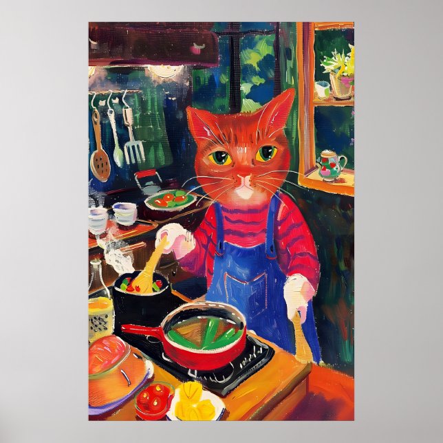 Culinary Cat Art Print Whimsical Kitchen Wall (Front)