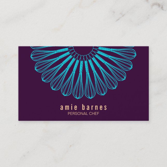 Culinary Chef Blue Whisk Logo Purple Business Card (Front)