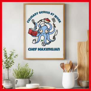 Culinary Genius at Work Cute Cartoon Chef Octopus Poster