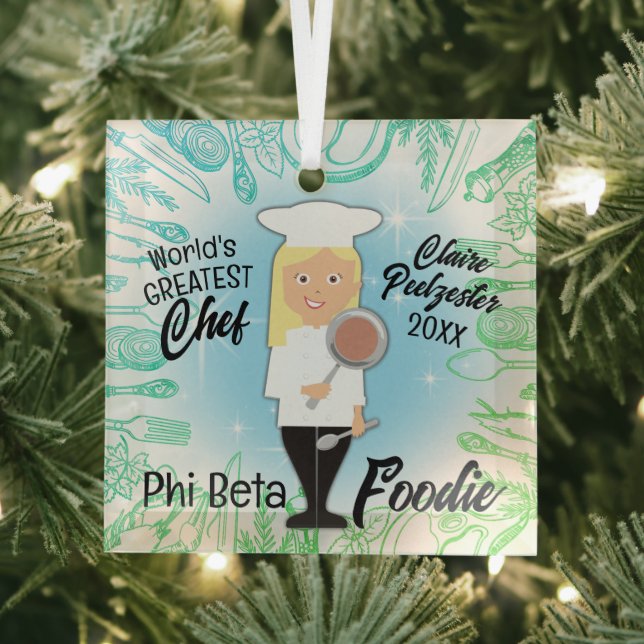 Culinary graduate blond woman chef Christmas tree Glass Ornament (Insitu)