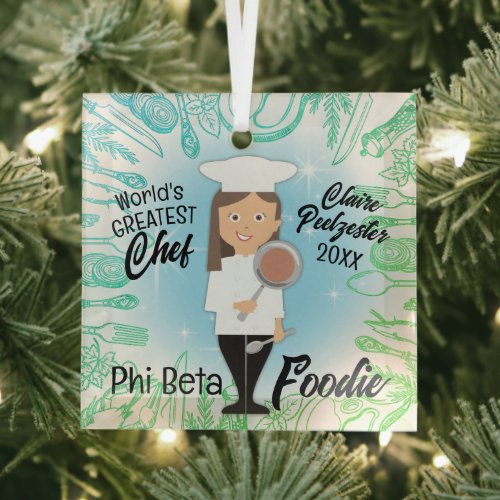 Culinary graduate brunette woman chef Christmas Glass Ornament